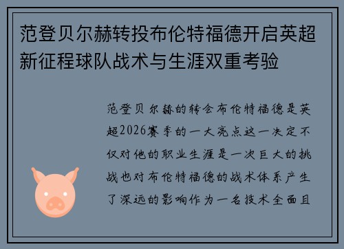 范登贝尔赫转投布伦特福德开启英超新征程球队战术与生涯双重考验