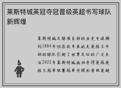 莱斯特城英冠夺冠晋级英超书写球队新辉煌