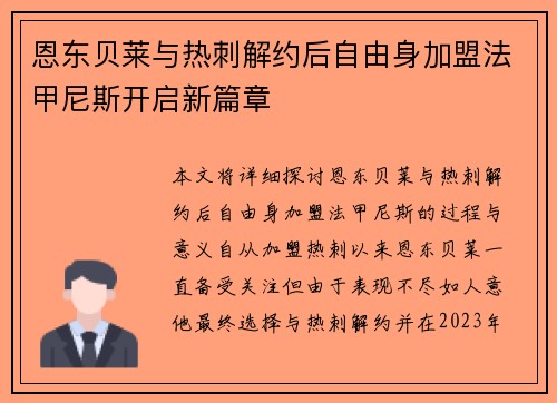 恩东贝莱与热刺解约后自由身加盟法甲尼斯开启新篇章